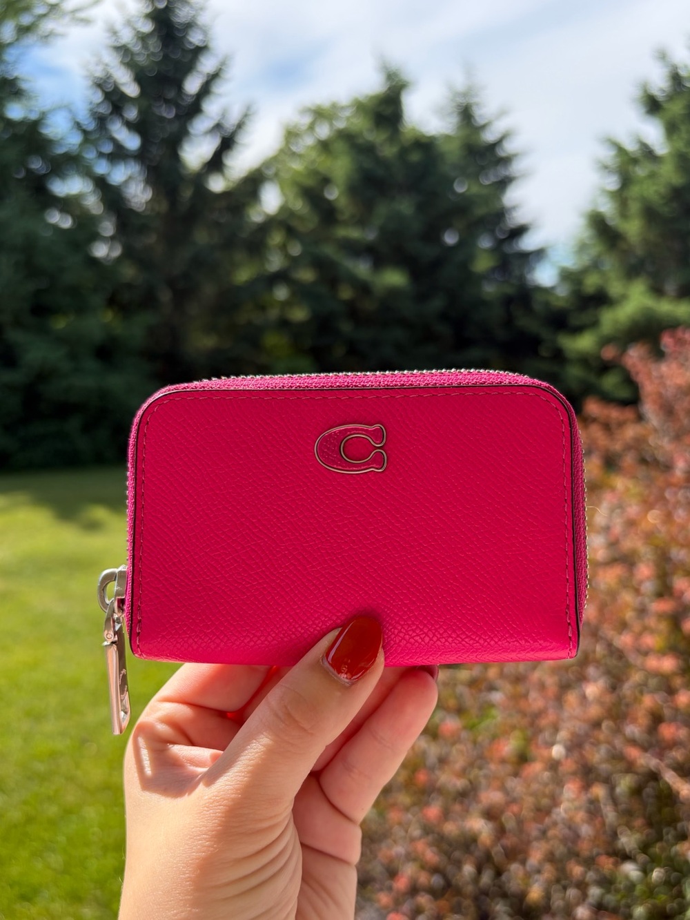 Coach hot pink dragon fruit small zip around card case wallet crossgrain leather